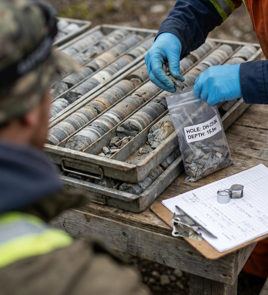 Geologists logging drill core at a mine site