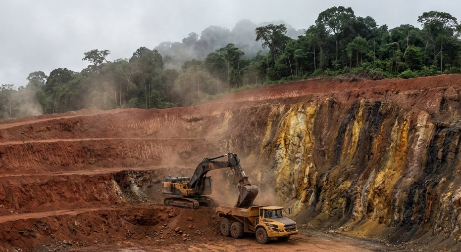 An excavator loading a haul truck at an open-pit working face