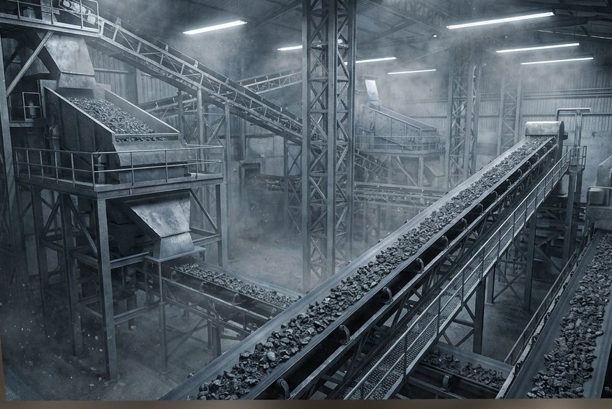 A crushing plant with inclined conveyors and screen decks